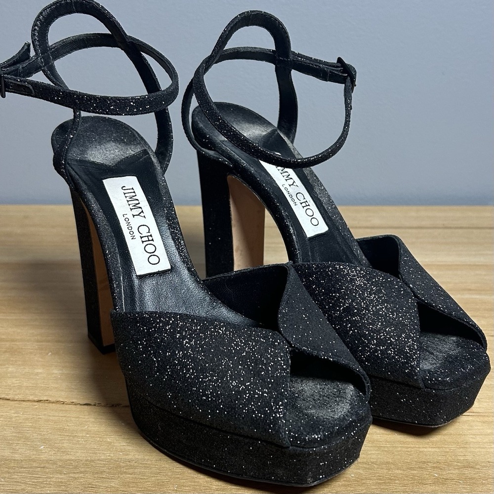 Jimmy Choo London Made in Italy Black Glitter Sacaria Block Platform Sandals